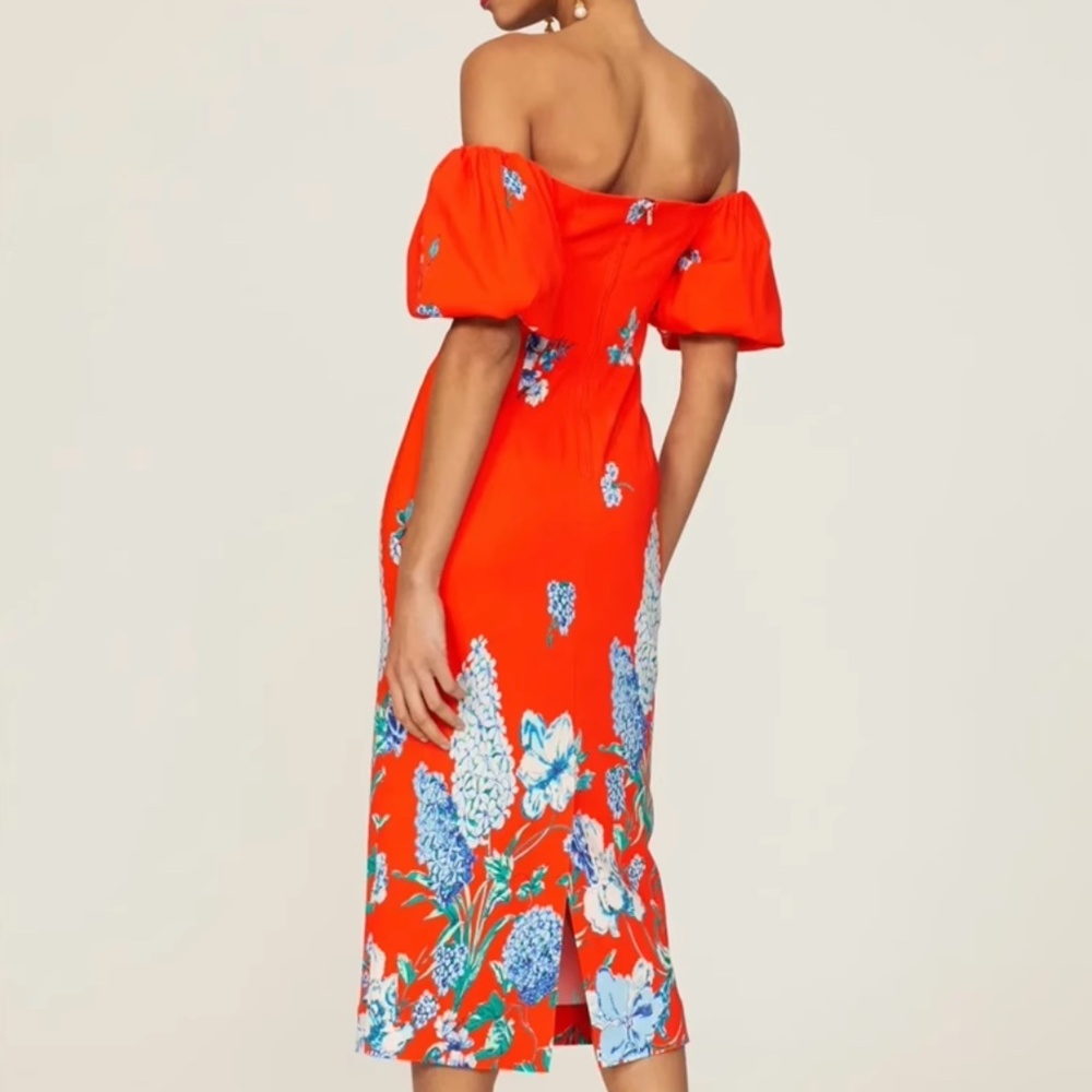 NEW Cara Cara Puff Sleeve Karene Midi Dress - Orange Red Floral - Picture 4 of 11